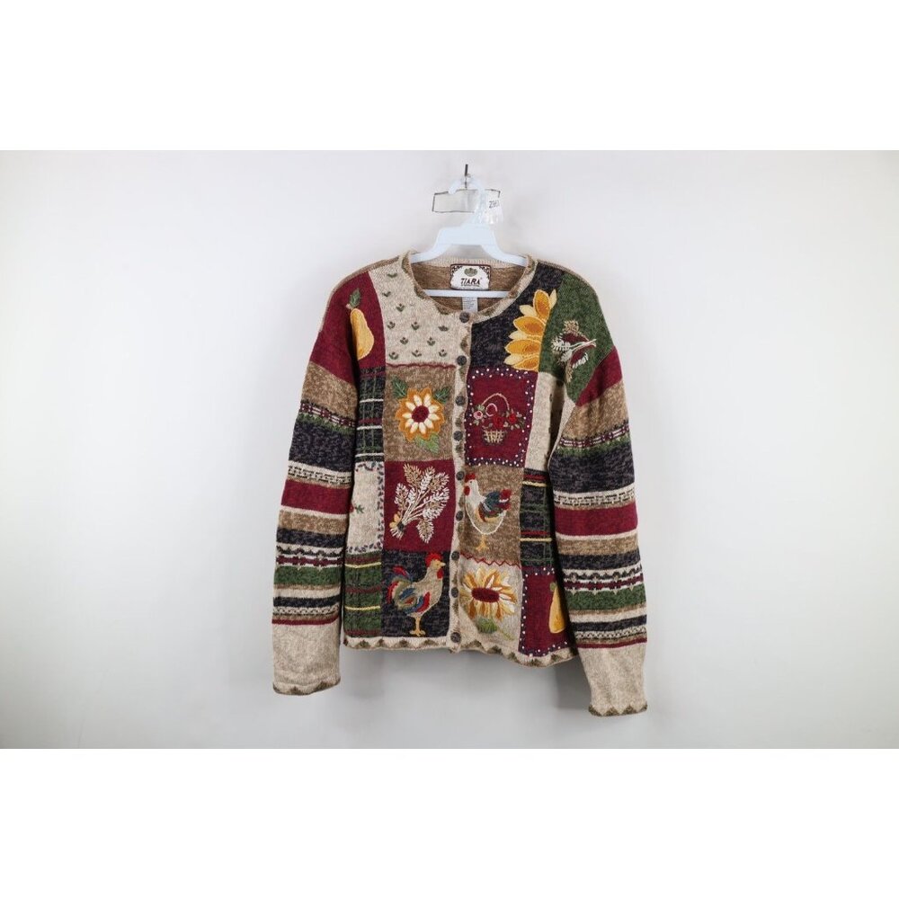 Vtg Y2K Country Primitive Womens XL Farmhouse Chicken Flower Cardigan Sweater